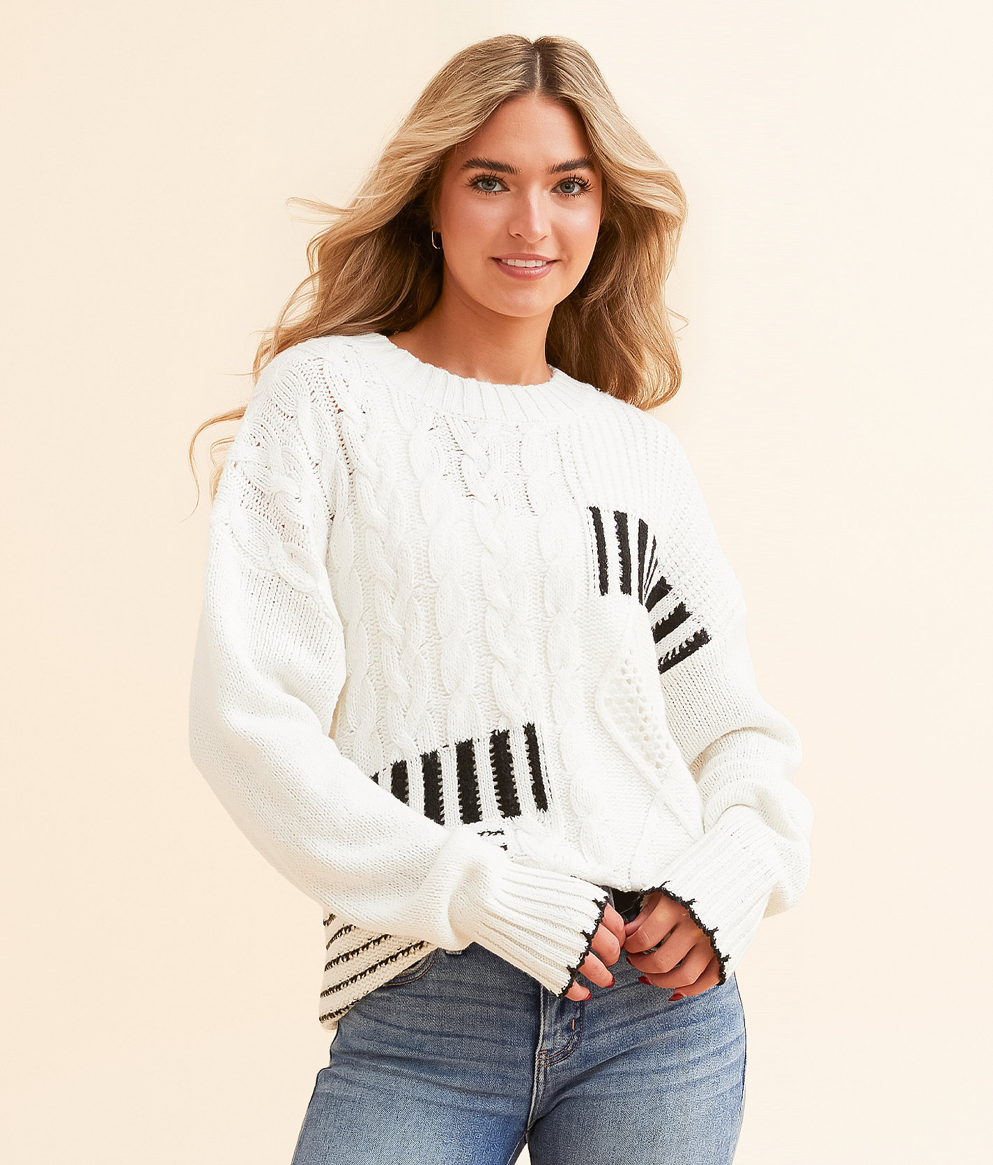BKE Cable Knit Sweater - Women's Sweaters in White Black