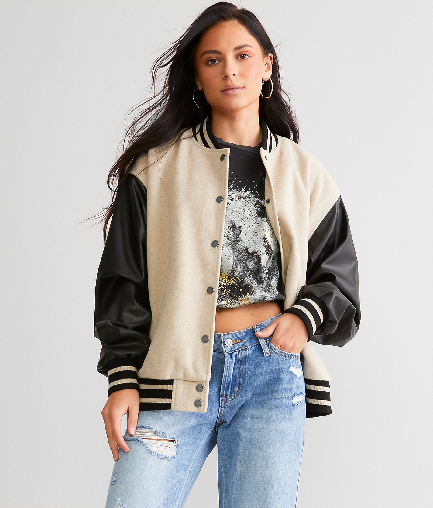 Gilded Intent Varsity Bomber Jacket - Women's Coats & Jackets in Beige Black