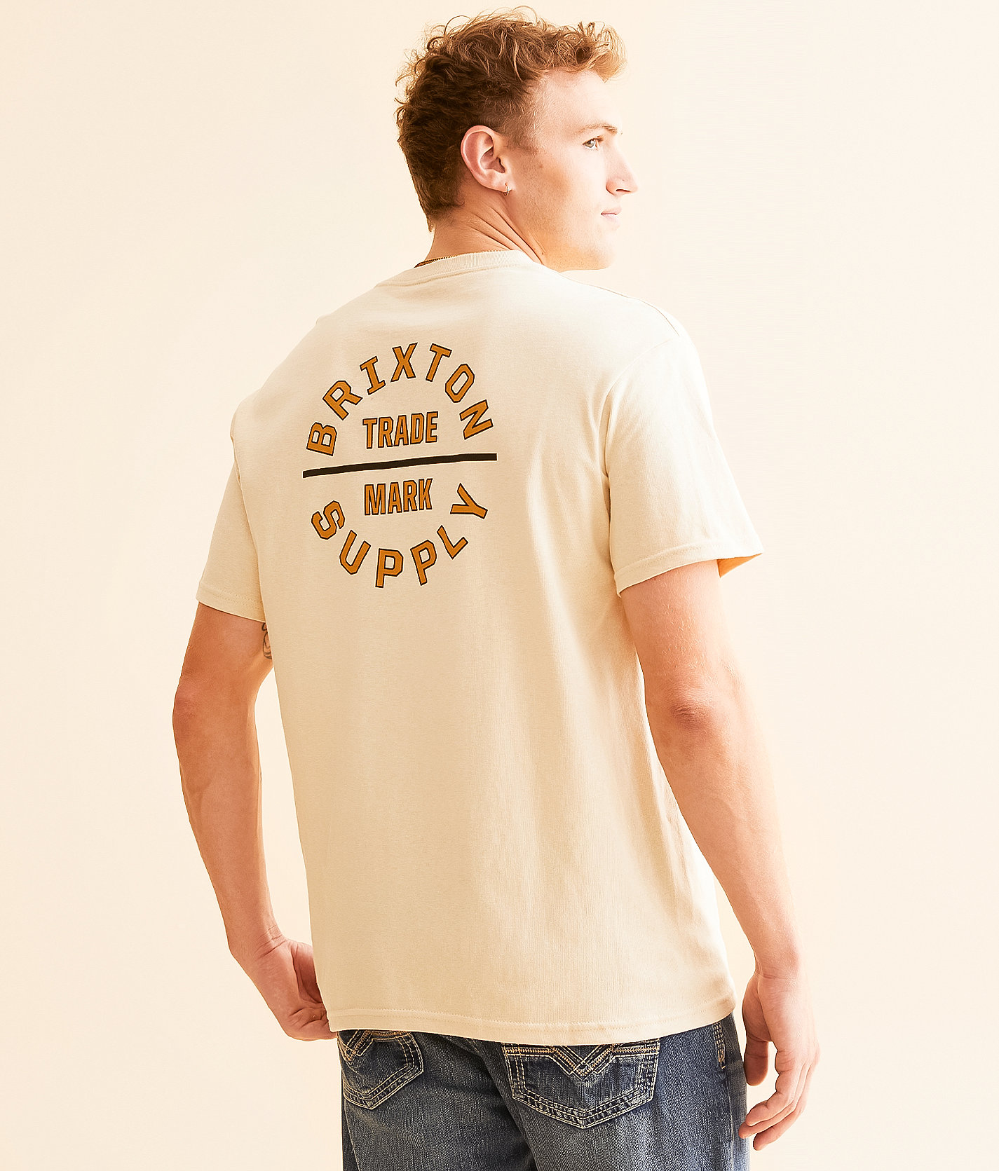 Brixton Oath V T-Shirt - Men's T-Shirts in Cream Tobacco Brown Navy