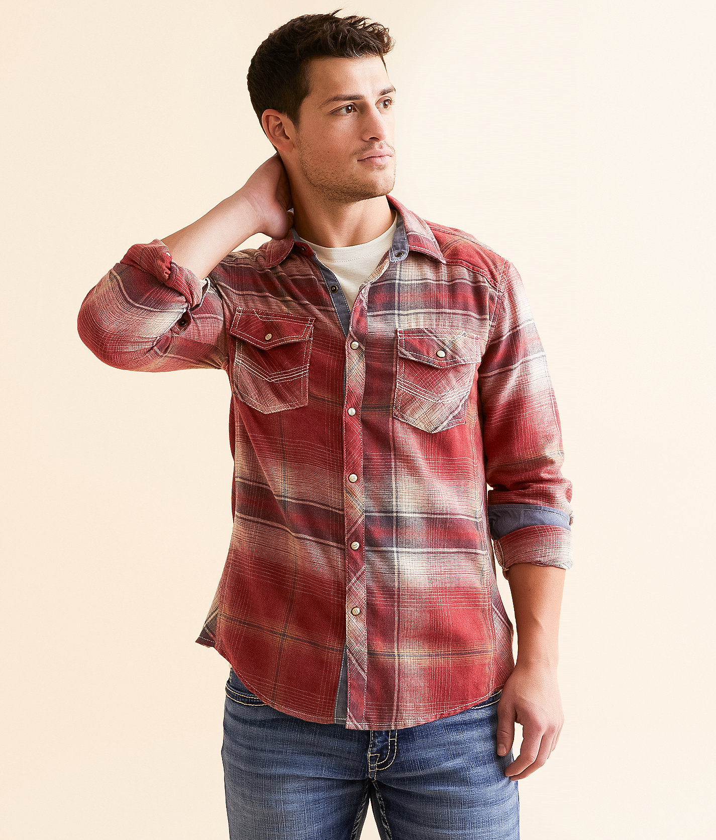 BKE Brushed Plaid Athletic Shirt - Men's Shirts in Beige Red