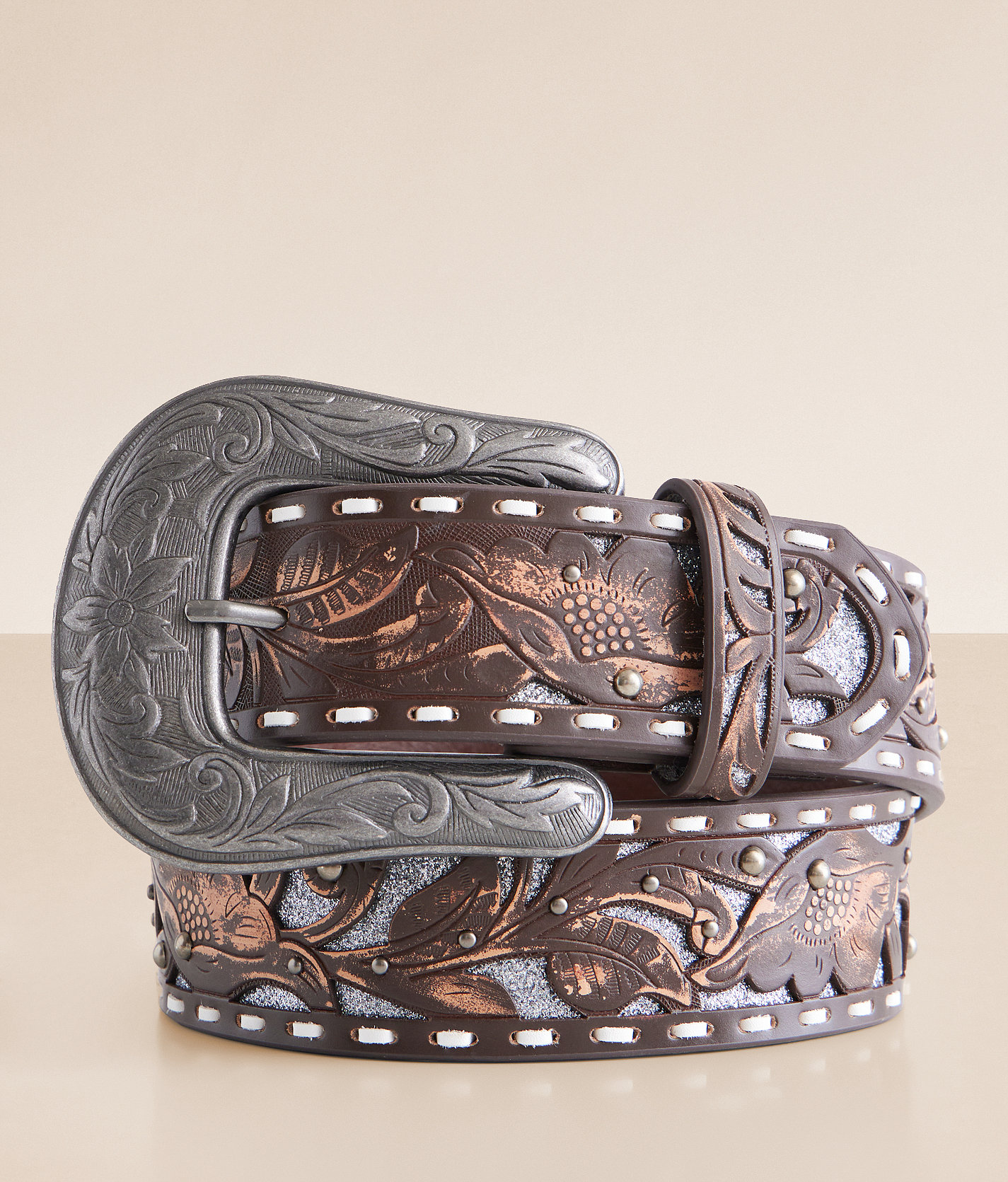 BKE Tooled Leather Glitter Belt - Women's Belts in Brown Silver