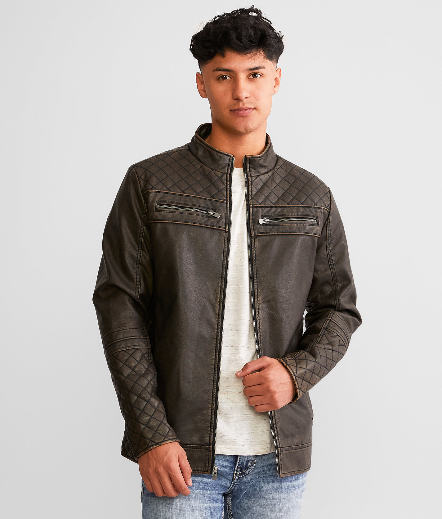Buckle Black Washed Pleather Jacket - Men's Coats & Jackets in Brown