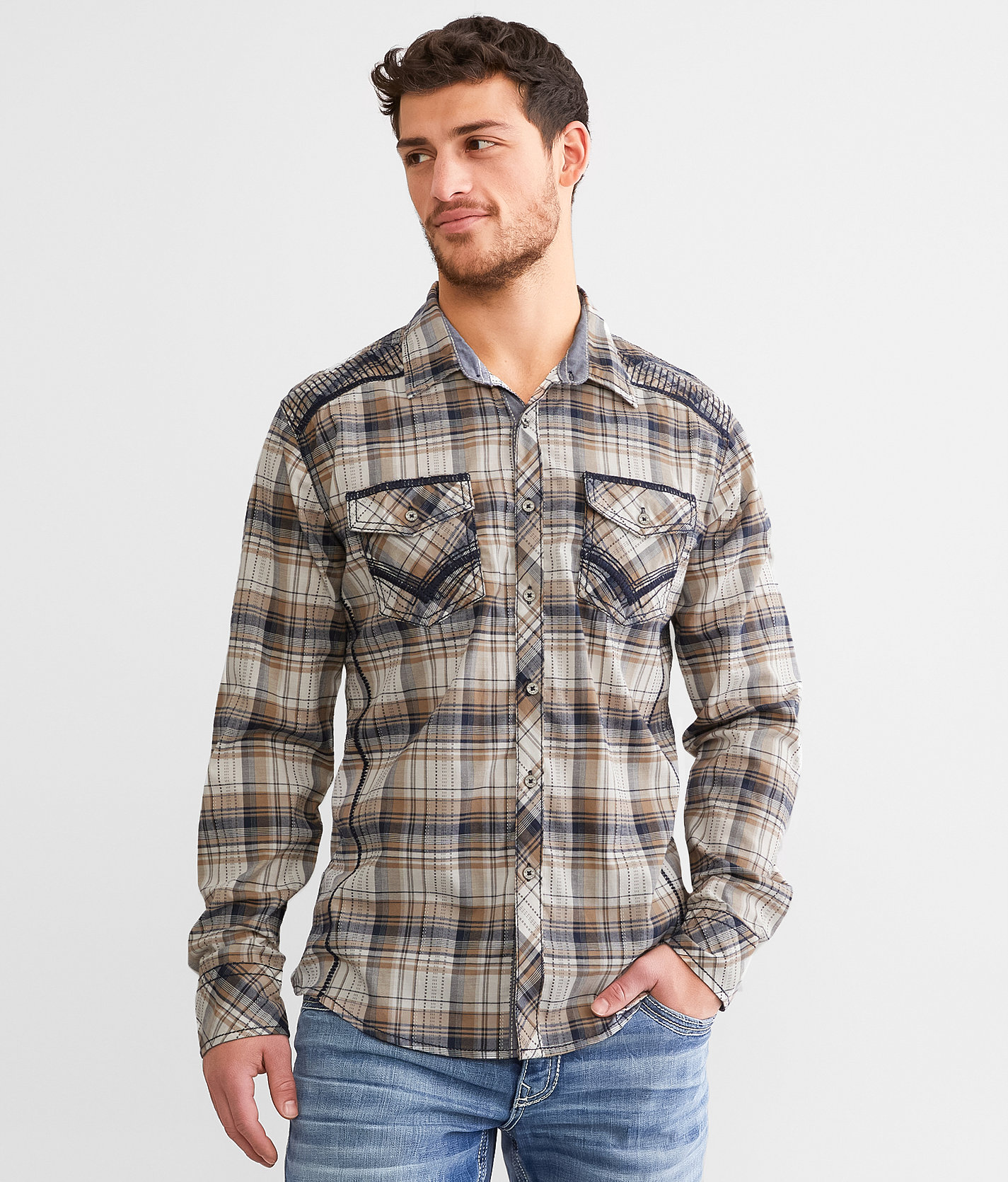 Buckle Black Plaid Athletic Stretch Shirt - Men's Shirts in White Brown Navy