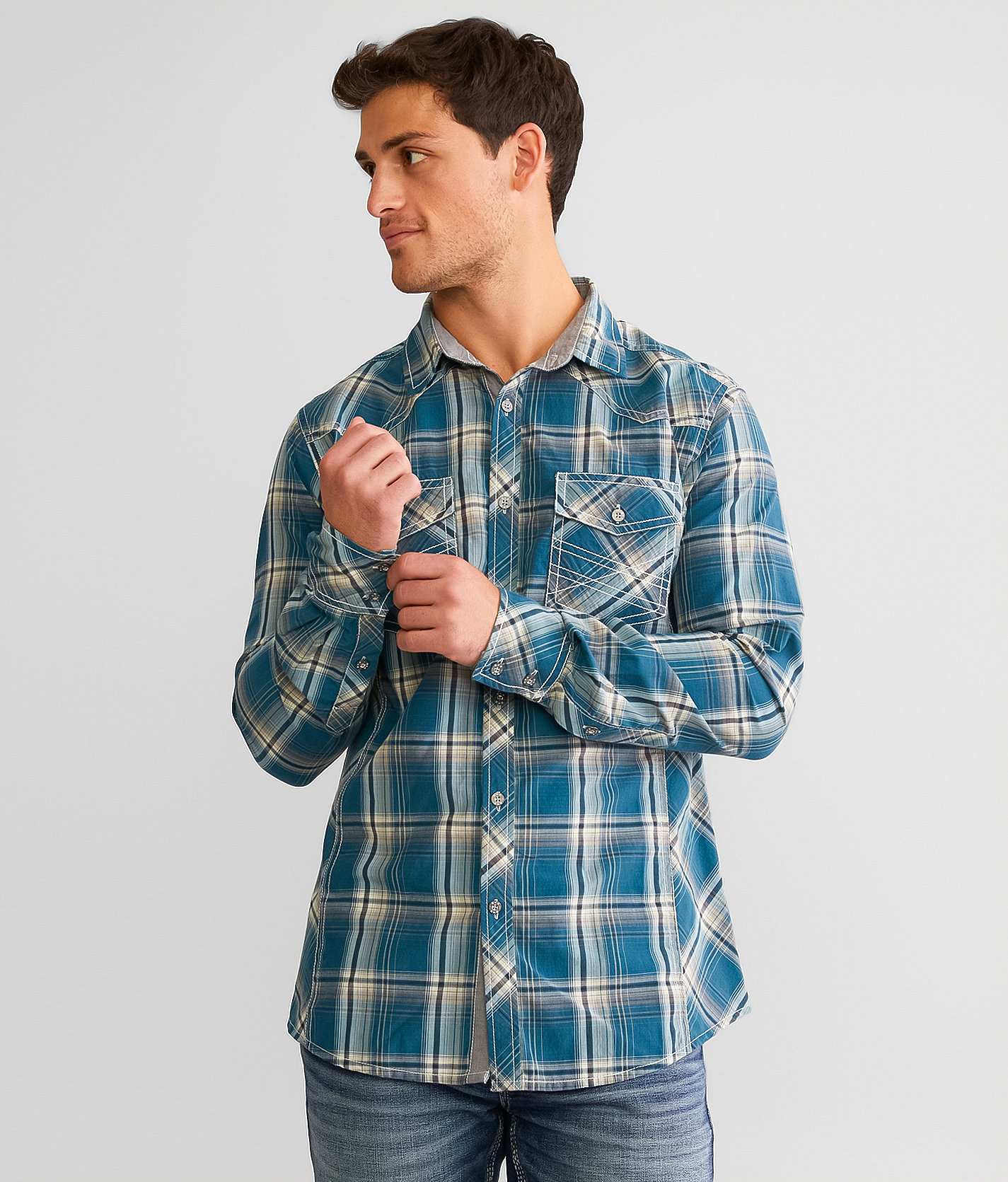BKE Plaid Athletic Shirt - Men's Shirts in Cream Blue