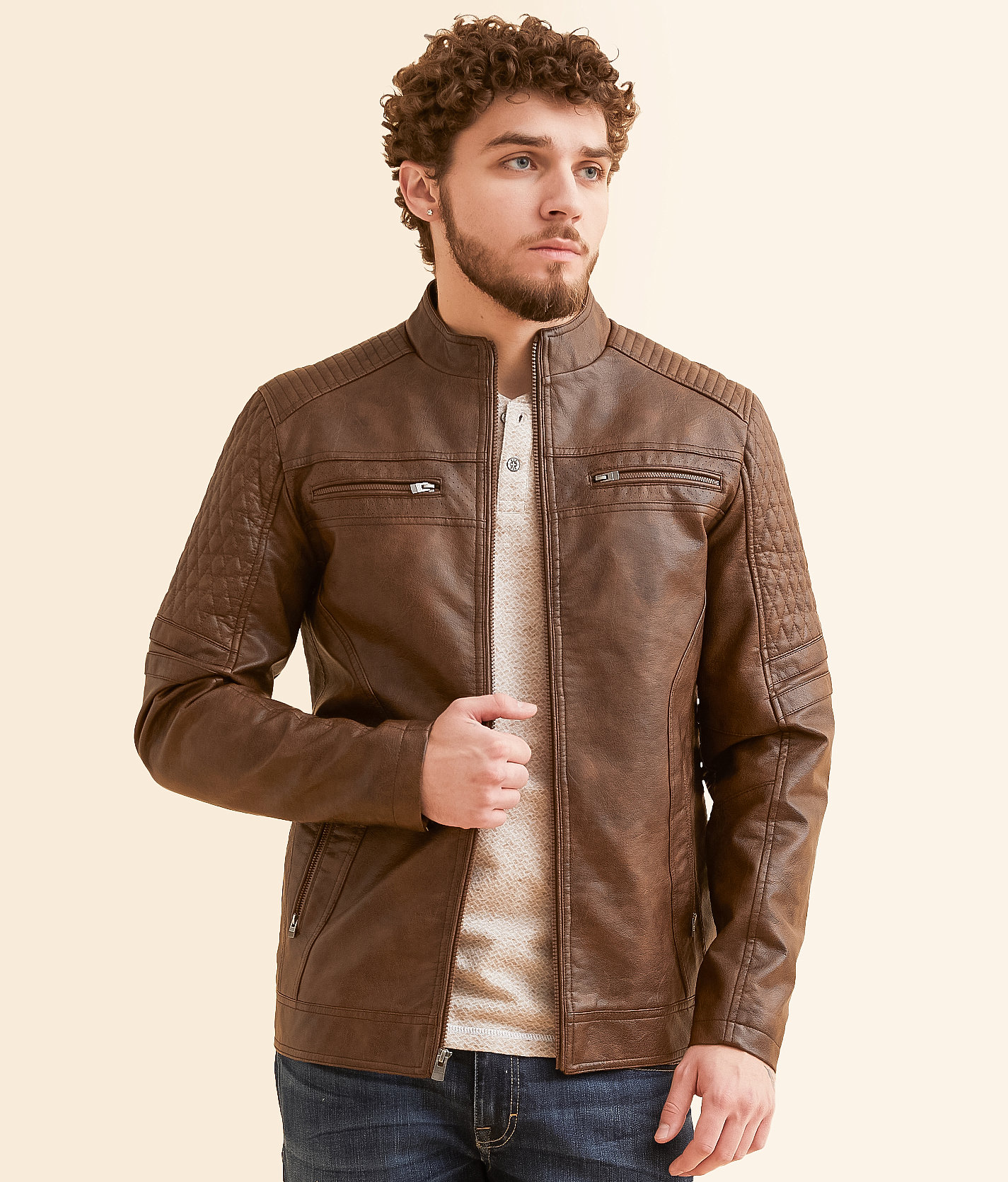 Buckle Black Distressed Faux Leather Jacket - Men's Coats & Jackets in Brown