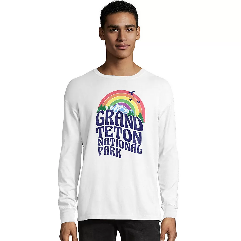 Hanes Mens ComfortWash Grand Teton Retro Rainbow National Park Long Sleeve Tee