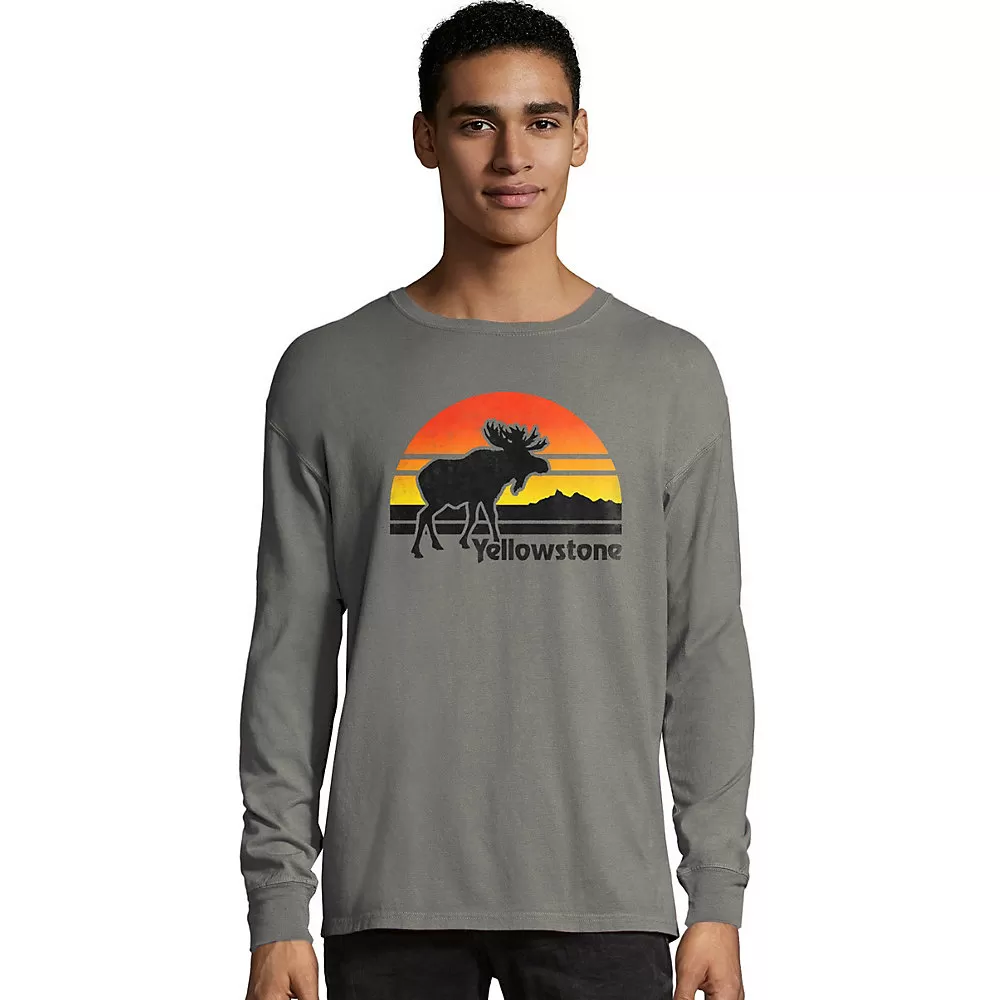 Hanes Mens ComfortWash Yellowstone Retro Moose National Park Long Sleeve Tee