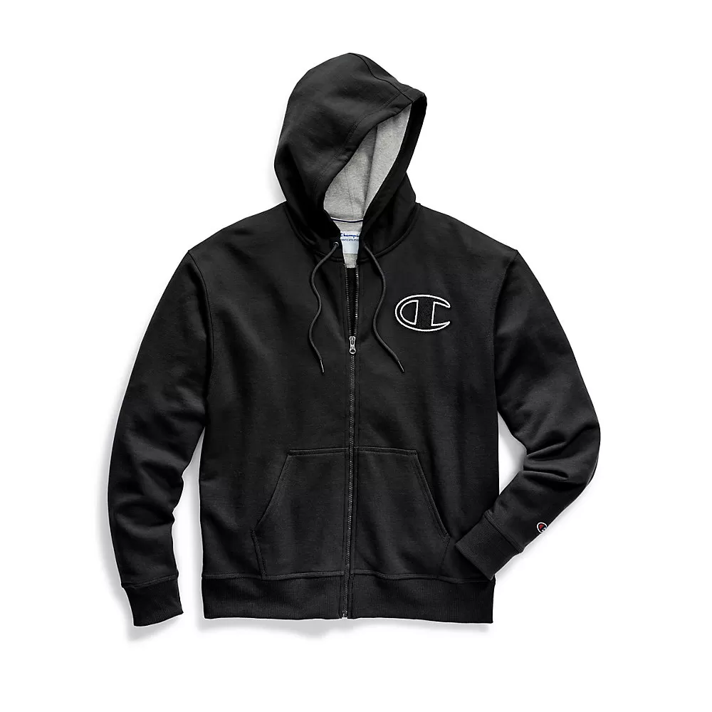 Champion Mens Powerblend Fleece Zip Hoodie, Chainstitch Outline C Logo