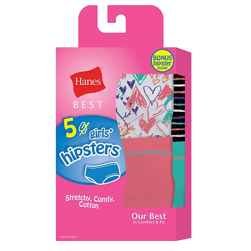 Hanes Best Girls Cotton Stretch Hipsters 5-Pack (4 + 1 Free Bonus Pack)