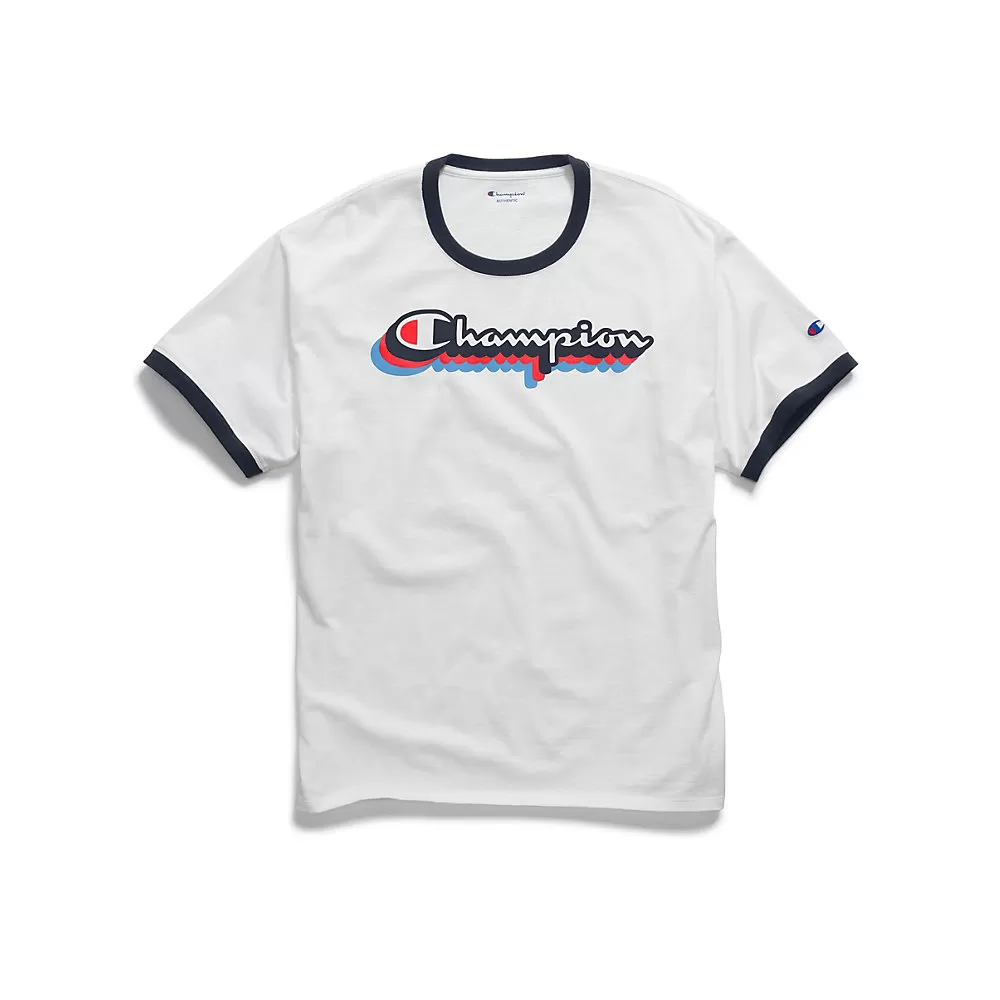 Champion Mens Classic Jersey Ringer Tee, Multi-Color Shadow Logo