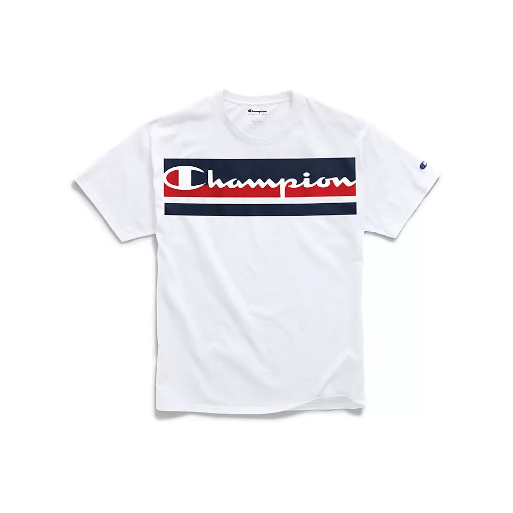 Champion Mens Classic Jersey Tee, Logo with Stripes
