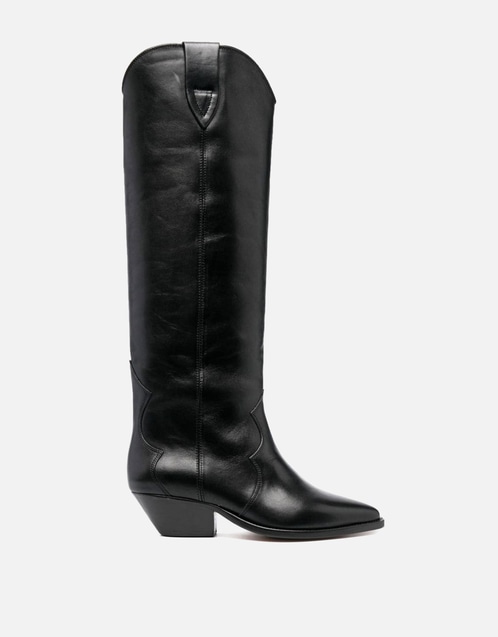Denvee Calfskin Leather Low-Heeled Knee-High Boots
