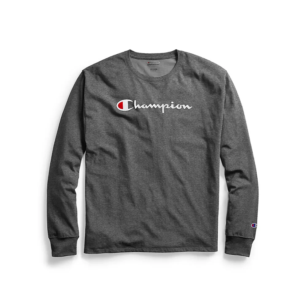 Champion Mens Classic Jersey Long-Sleeve Tee, Script Logo