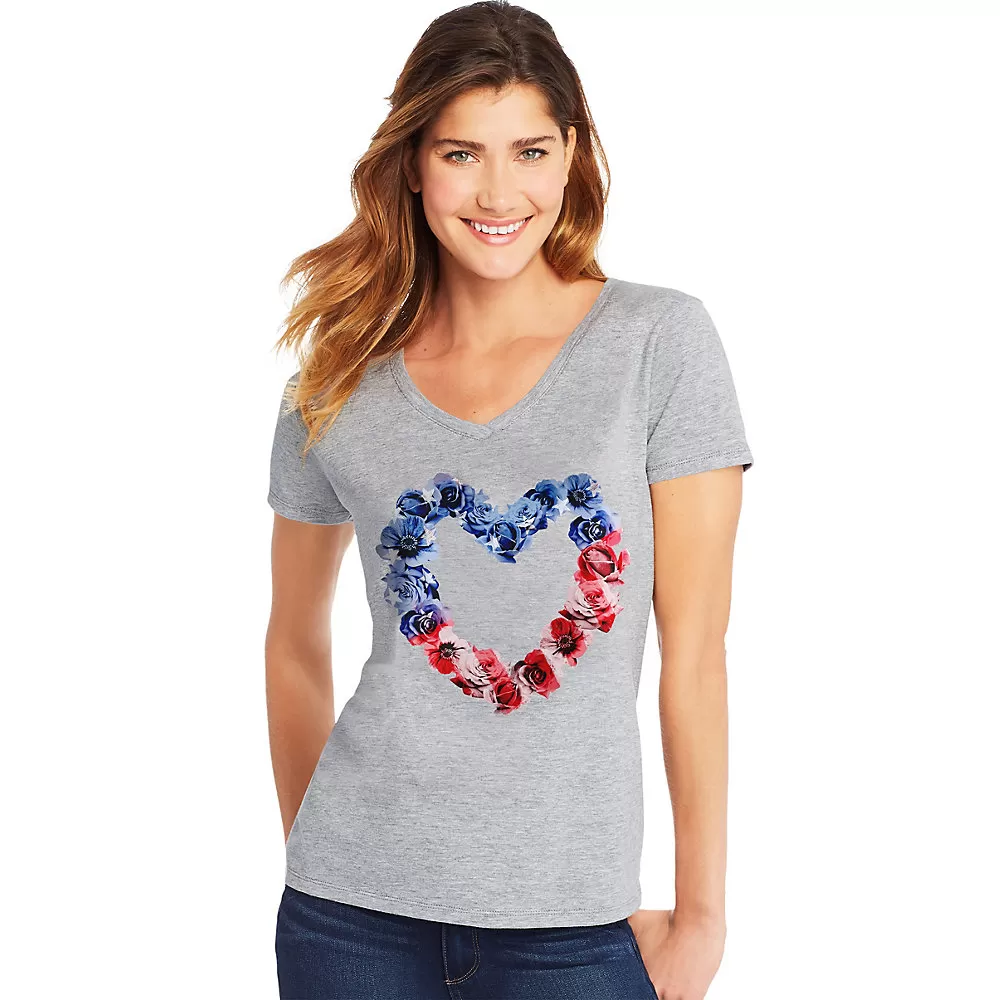 Hanes Womens Stars & Stripes Floral Heart Short Sleeve V-Neck Tee