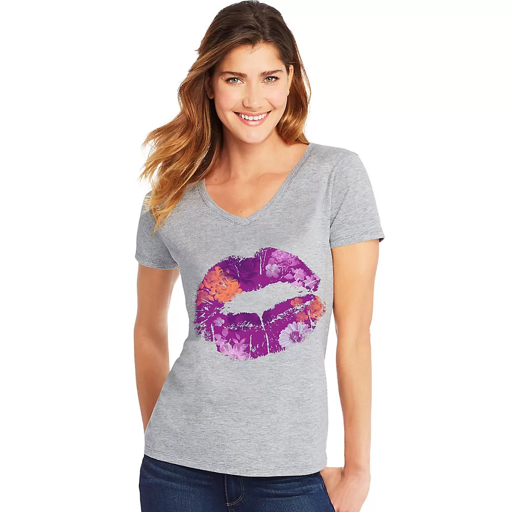 Hanes Womens Floral Lips Short Sleeve V-Neck Tee