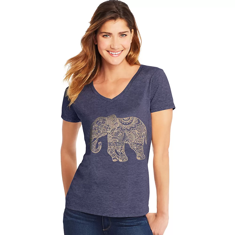 Hanes Womens Pattern Elephant Short Sleeve V-Neck Tee