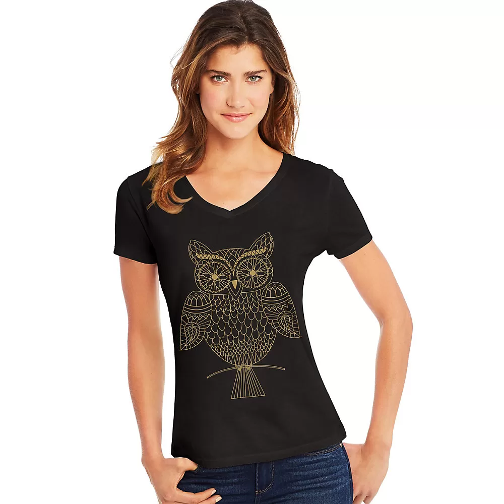 Hanes Womens Whoot Whoo Short Sleeve V-Neck Tee