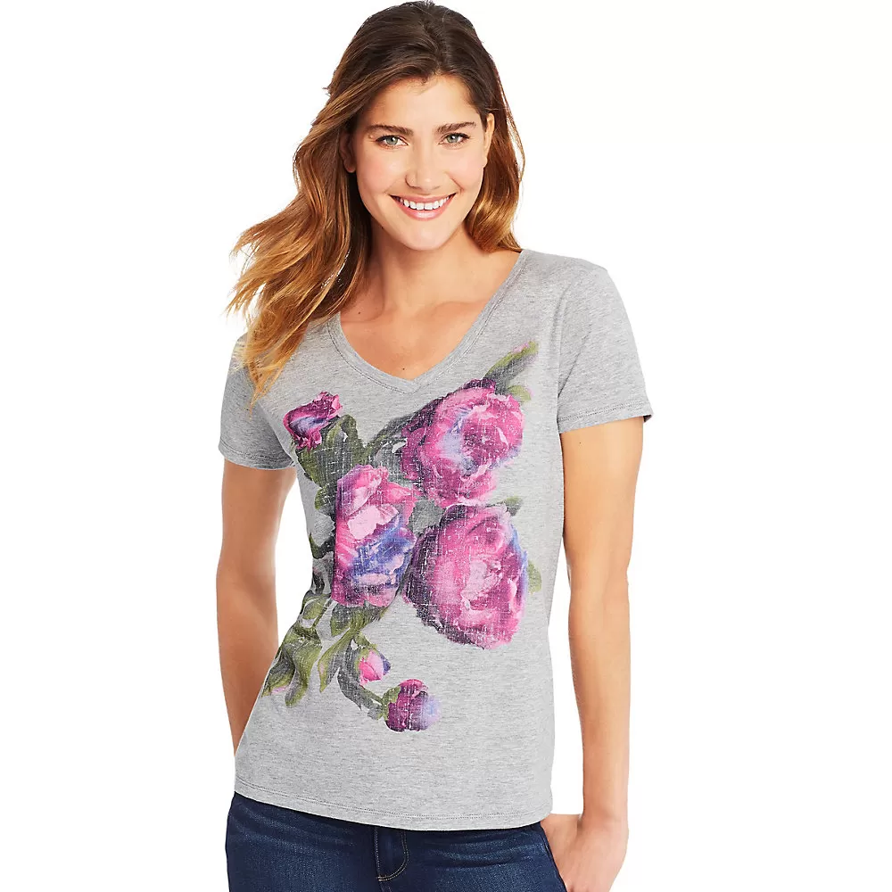 Hanes Womens Lucious Peonies Short Sleeve V-Neck Tee