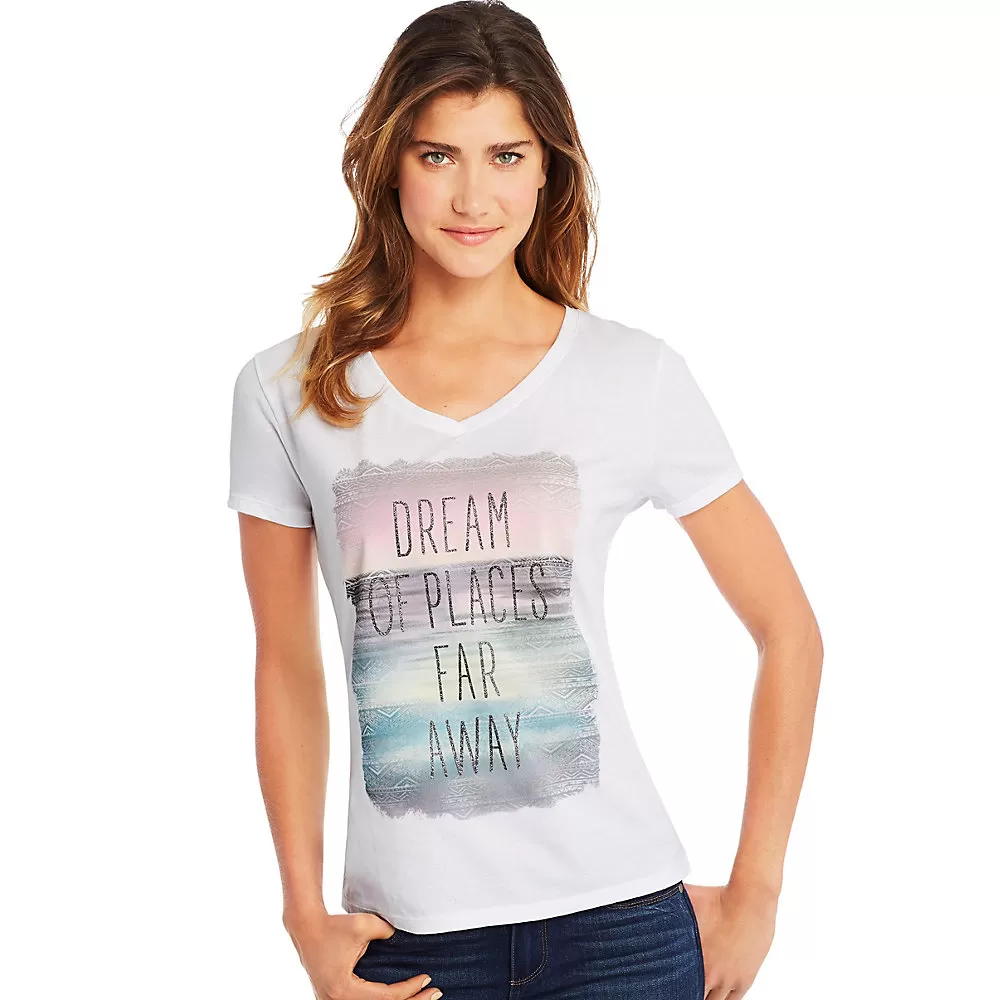Hanes Womens Dream of Places Far Away Short Sleeve V-Neck Tee