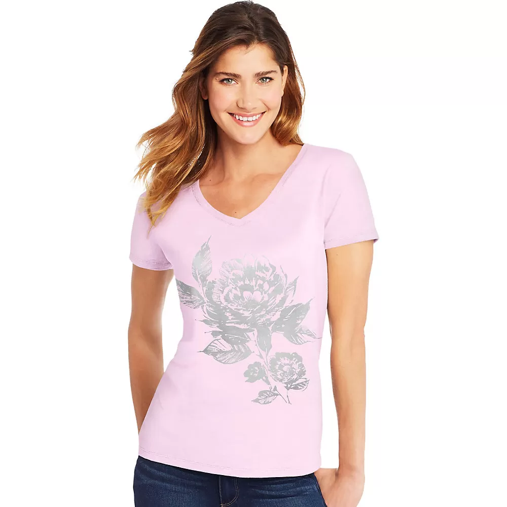 Hanes Womens Floral Semplice Short-Sleeve V-Neck Graphic Tee