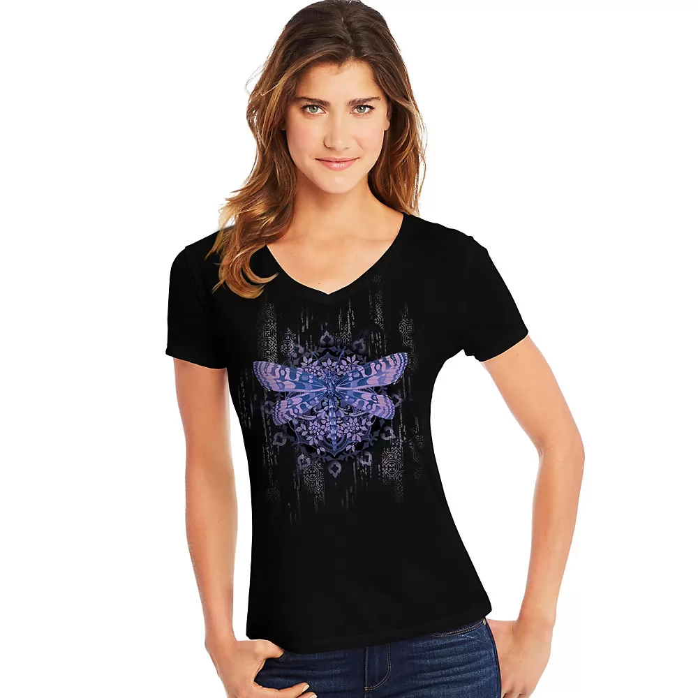 Hanes Womens Dragonfly Mandala Short-Sleeve V-Neck Graphic Tee