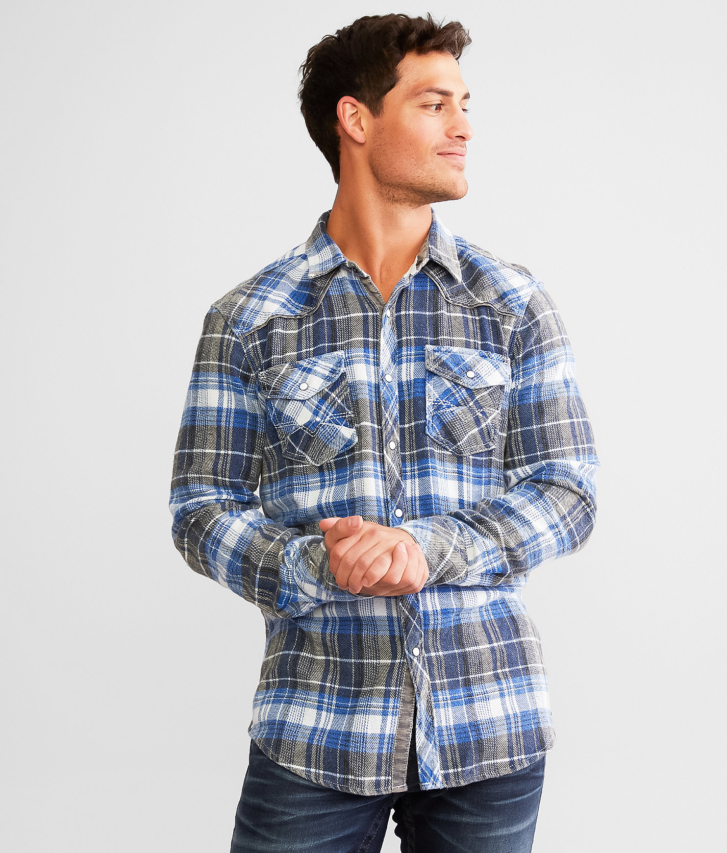 BKE Vintage Plaid Athletic Flannel Shirt - Men's Shirts in White Blue Black