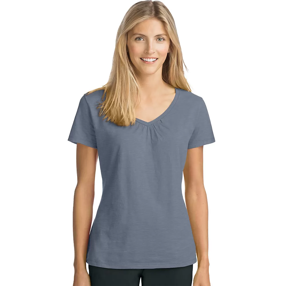 Hanes Womens Slub Jersey Shirred V-Neck