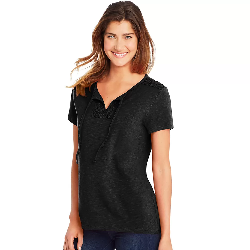 Hanes Womens Tie Front Henley with Crochet Trim