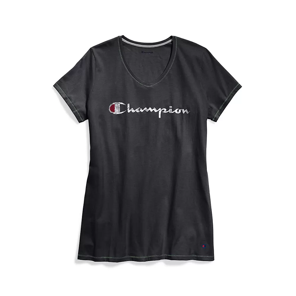 Champion Women Plus Jersey V-Neck Tee Graphic-Classic Script