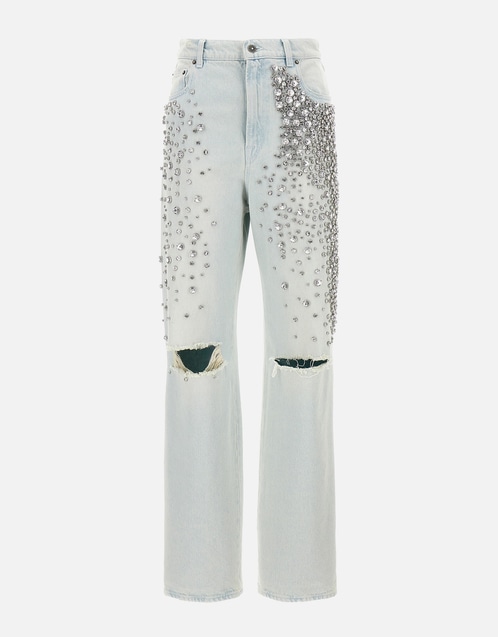 Cabochon Crystal-Embellished Bleached Jeans