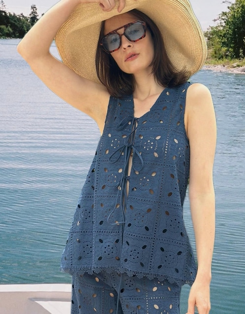 Tula Patchwork Eyelet Reversible Top - Slate Blue