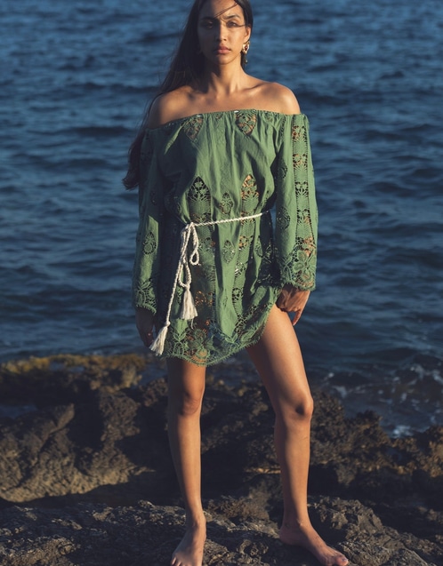 Brigette Tropical Cotton Embroidery Coverup Dress - Eucalyptus