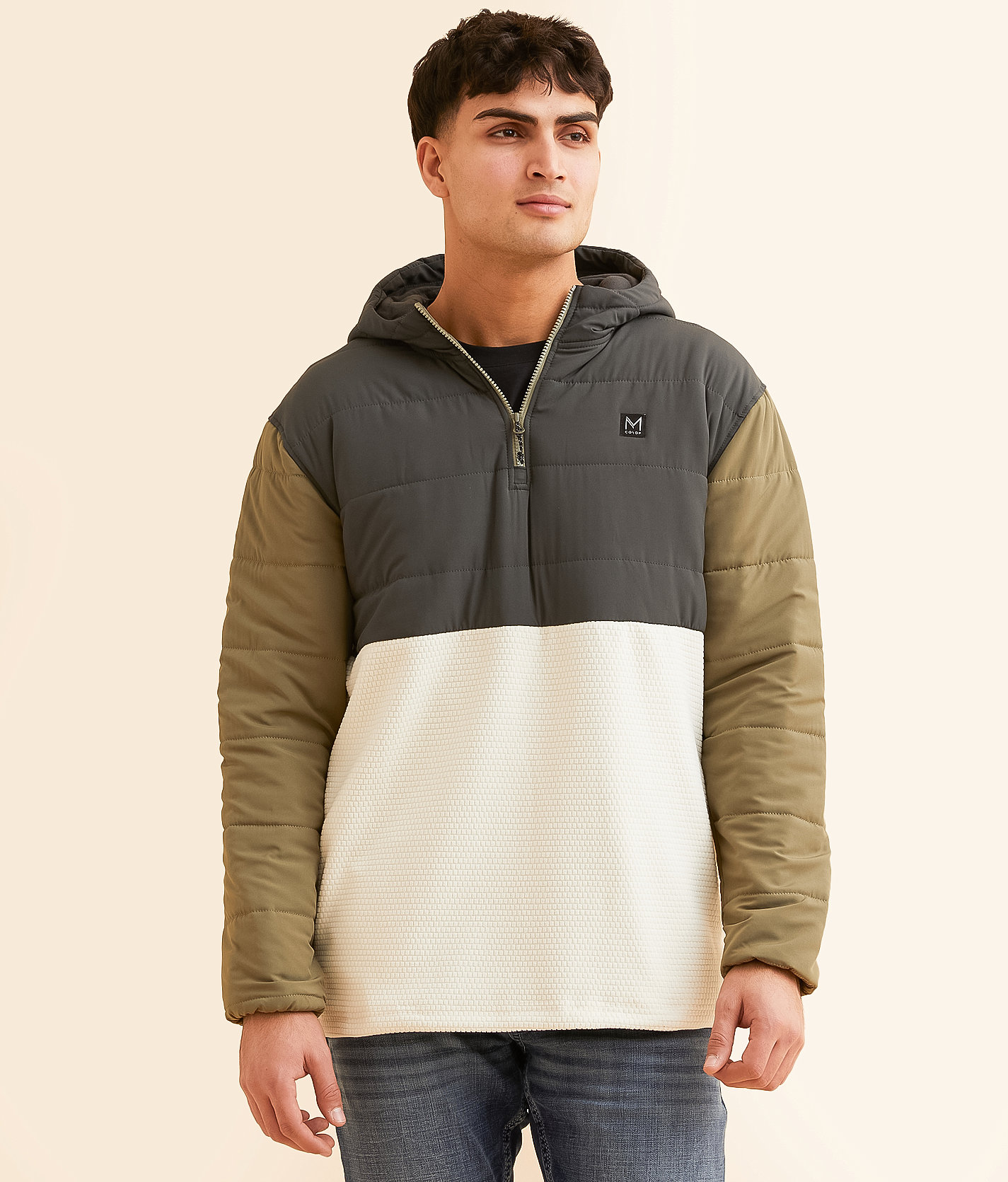 Maven Co-op Anorak Heat Quarter Zip Hoodie - Men's Sweatshirts in Ivory Olive Black