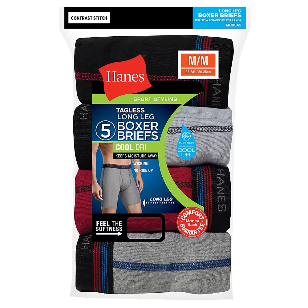 Hanes Men's Cool DRI Long Leg Boxer Briefs with Comfort Flex Waistband 5-Pack