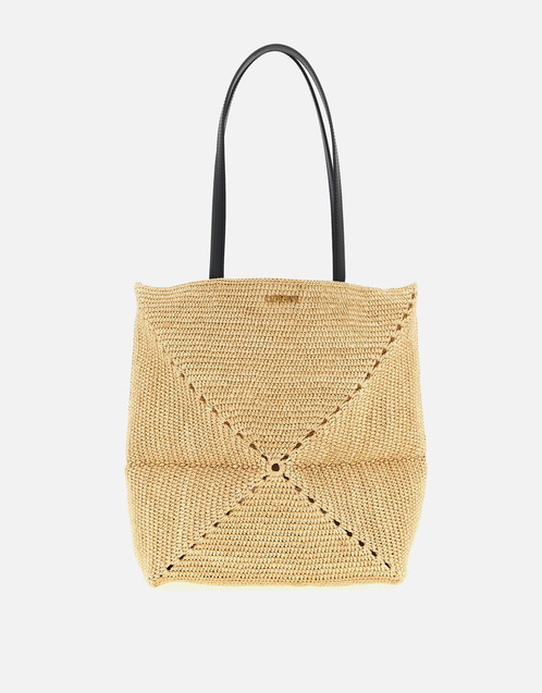 Medium Puzzle Fold Tote In Raffia And Calfskin Leather
