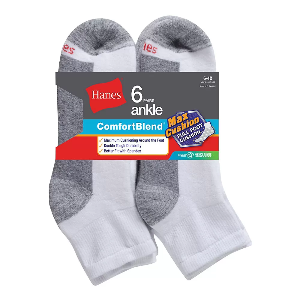Hanes Men's ComfortBlend Max Cushion Ankle Sock 6-Pack