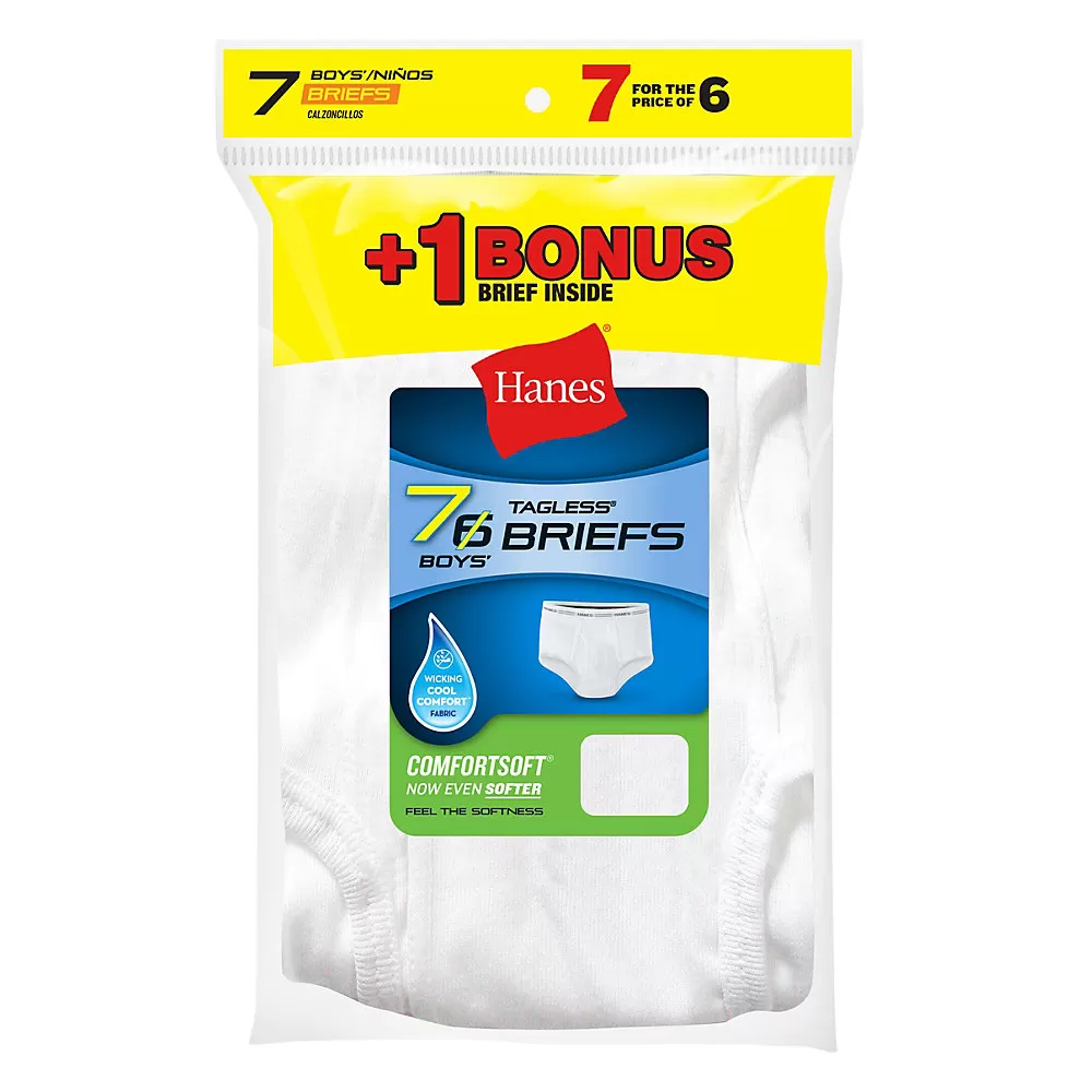 Hanes Boys TAGLESS White Briefs 7-Pack