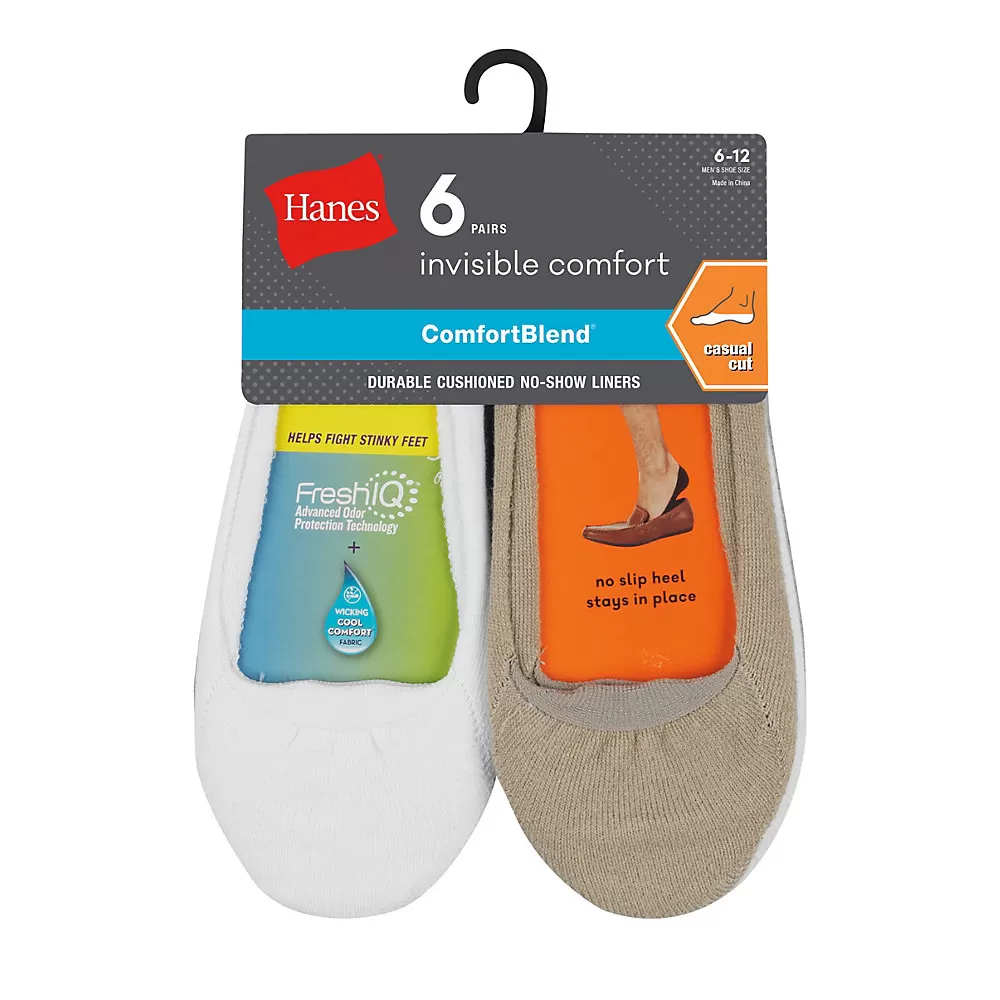 Hanes Men's ComfortBlend Cushioned No-Show Liner Socks Casual Cut 6-Pack