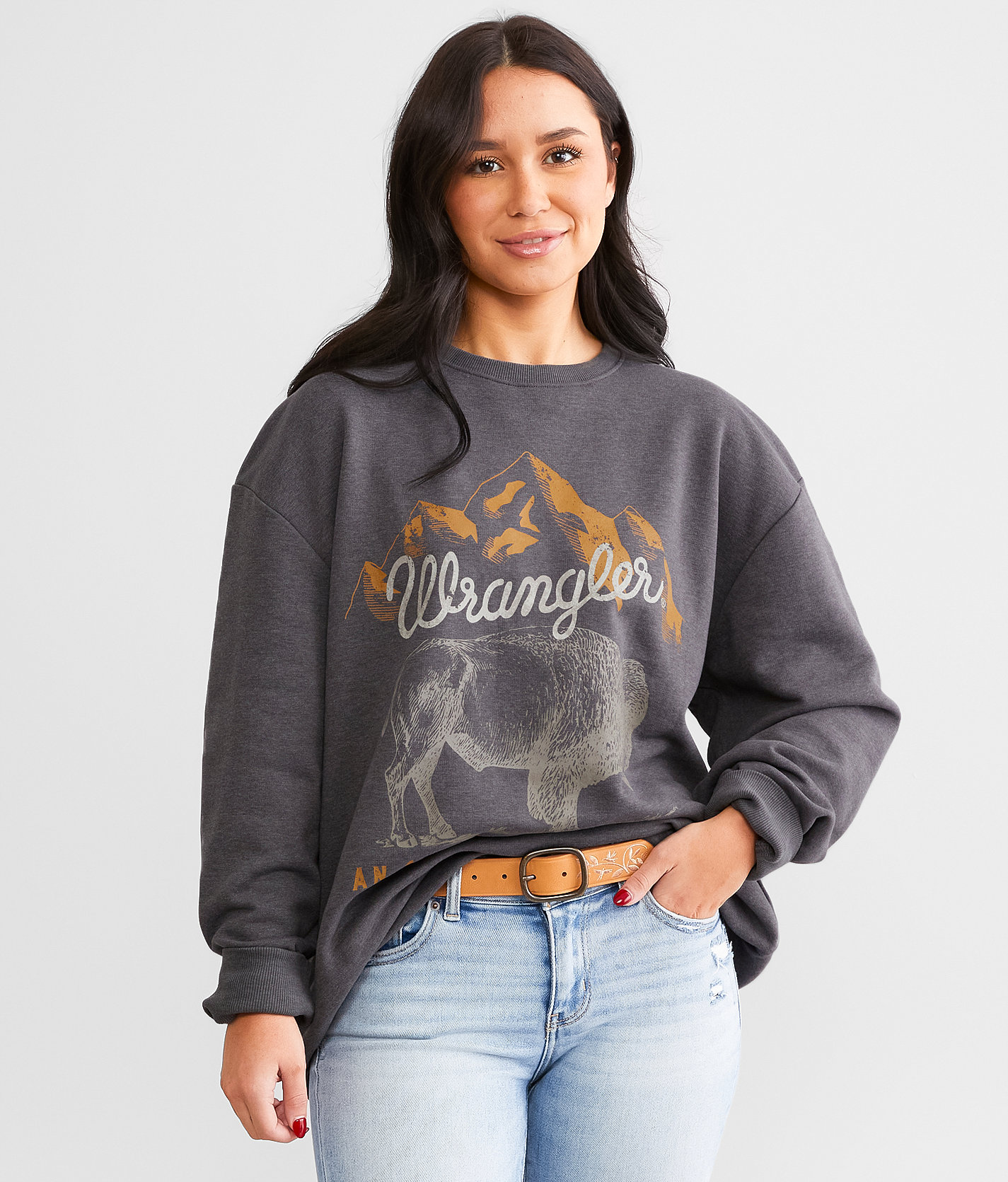 Wrangler® Oversized Logo Pullover - Women's Sweatshirts in Charcoal