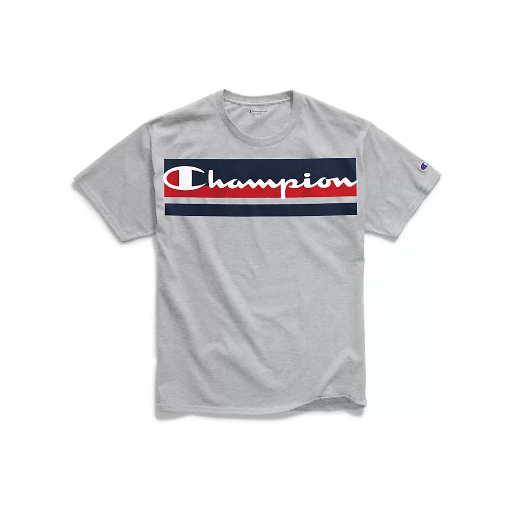 Champion Men's Classic Jersey Tee, Logo with Stripes