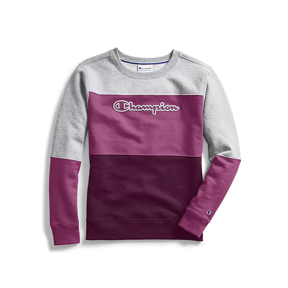 Champion Women's Powerblend Colorblock Crew, Chainstitch Outline Logo