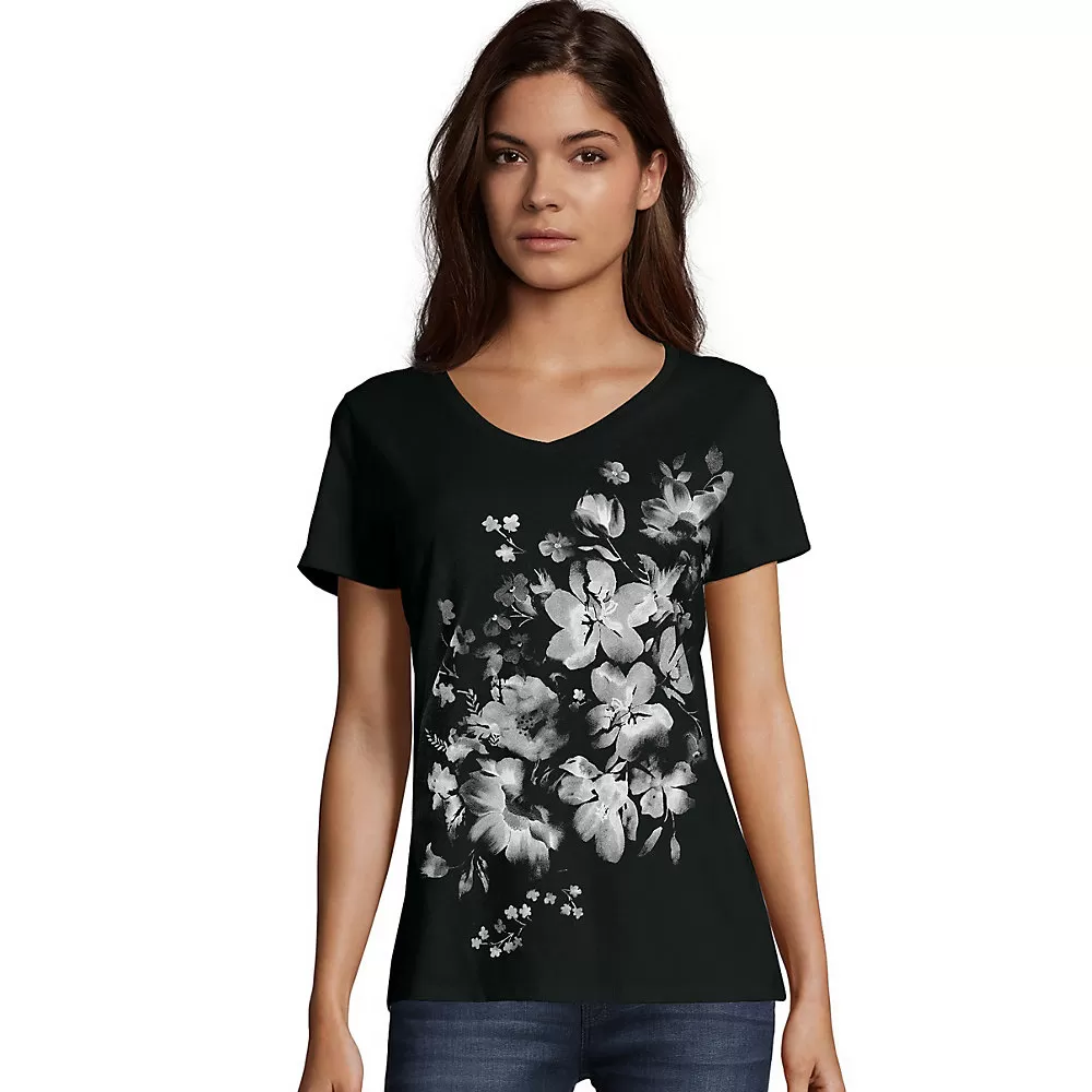 Hanes Women's Bleach Floral Cascade Short-Sleeve V-Neck Graphic Tee