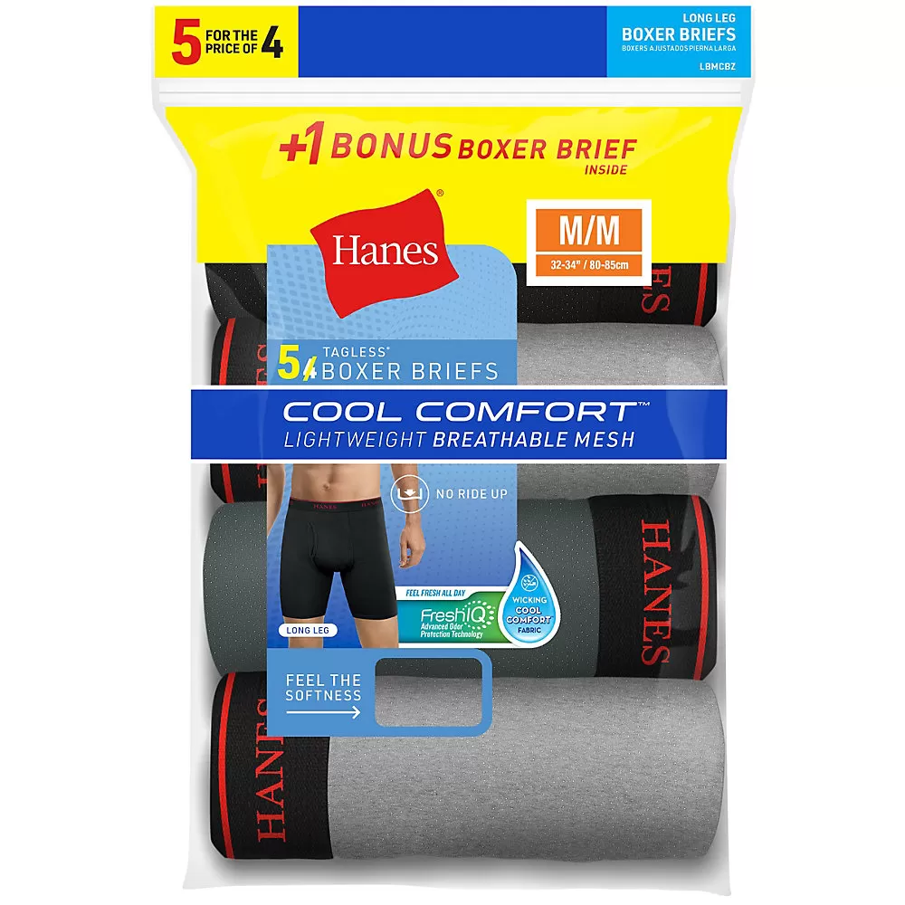 Hanes Men's FreshIQ Cool Comfort Breathable Mesh Long Leg Boxer Brief 5-Pack