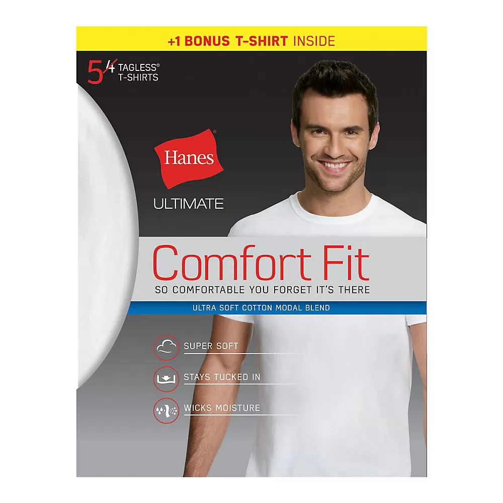 Hanes Ultimate Men's Comfort Fit White Crewneck Undershirt 5-Pack