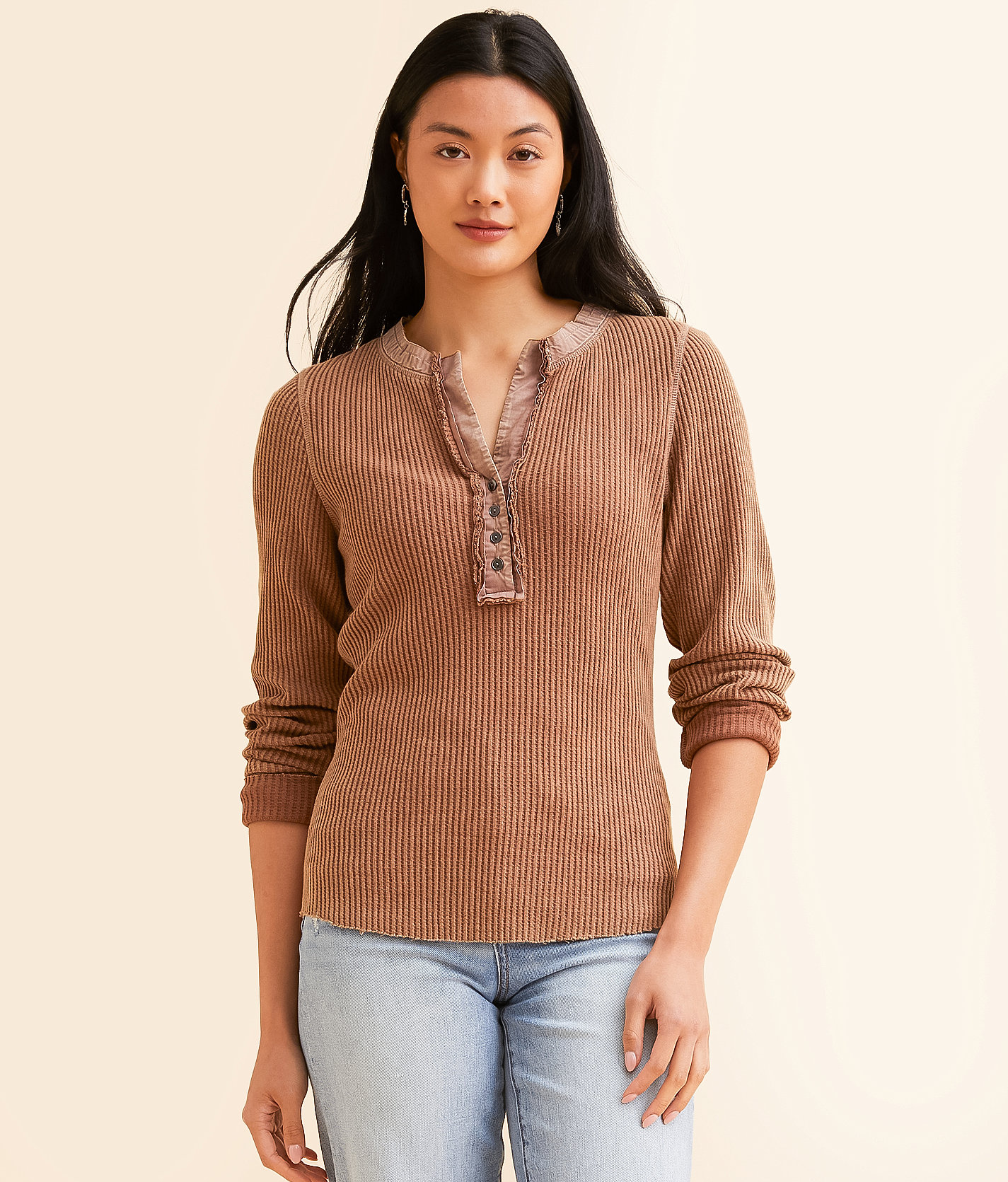BKE Washed Henley - Women's Shirts & Blouses in Brown Stone