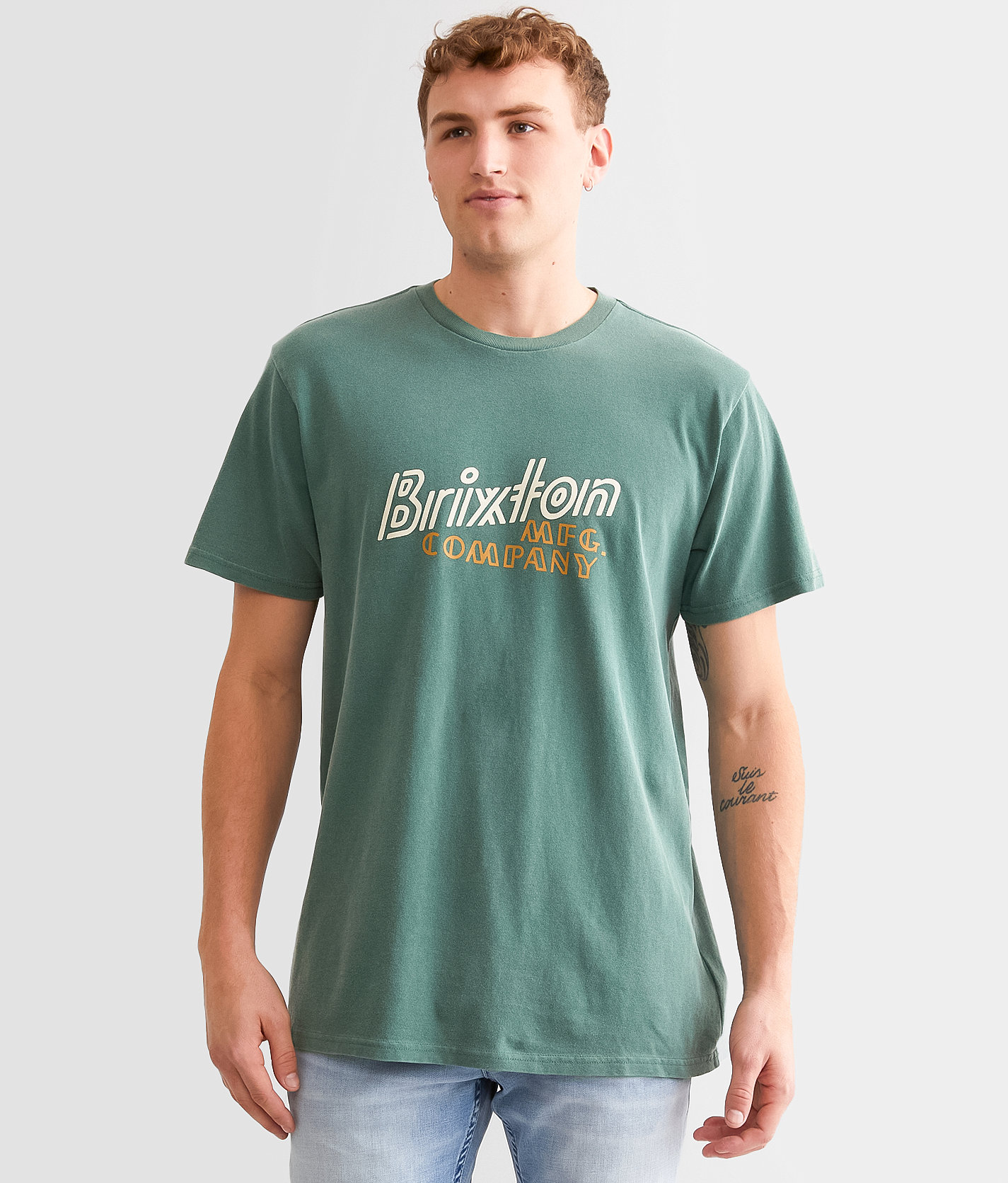 Brixton Gustin T-Shirt - Men's T-Shirts in Trekking Green Worn Wash