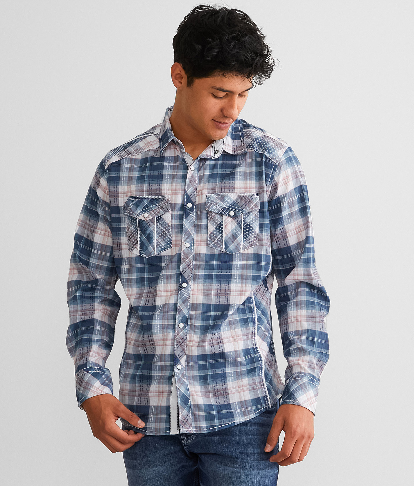 Buckle Black Plaid Standard Stretch Shirt - Men's Shirts in White Navy