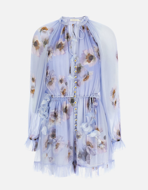 'Hypnotic' Viscose Floral Print Adjustable V-Neck Puff Sleeve Ruffle Hem Jumpsuit