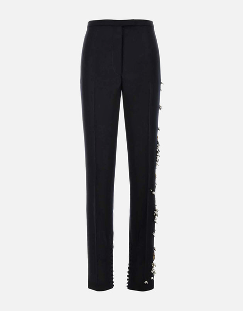 Navy Blue Pure Wool Embellished Pants