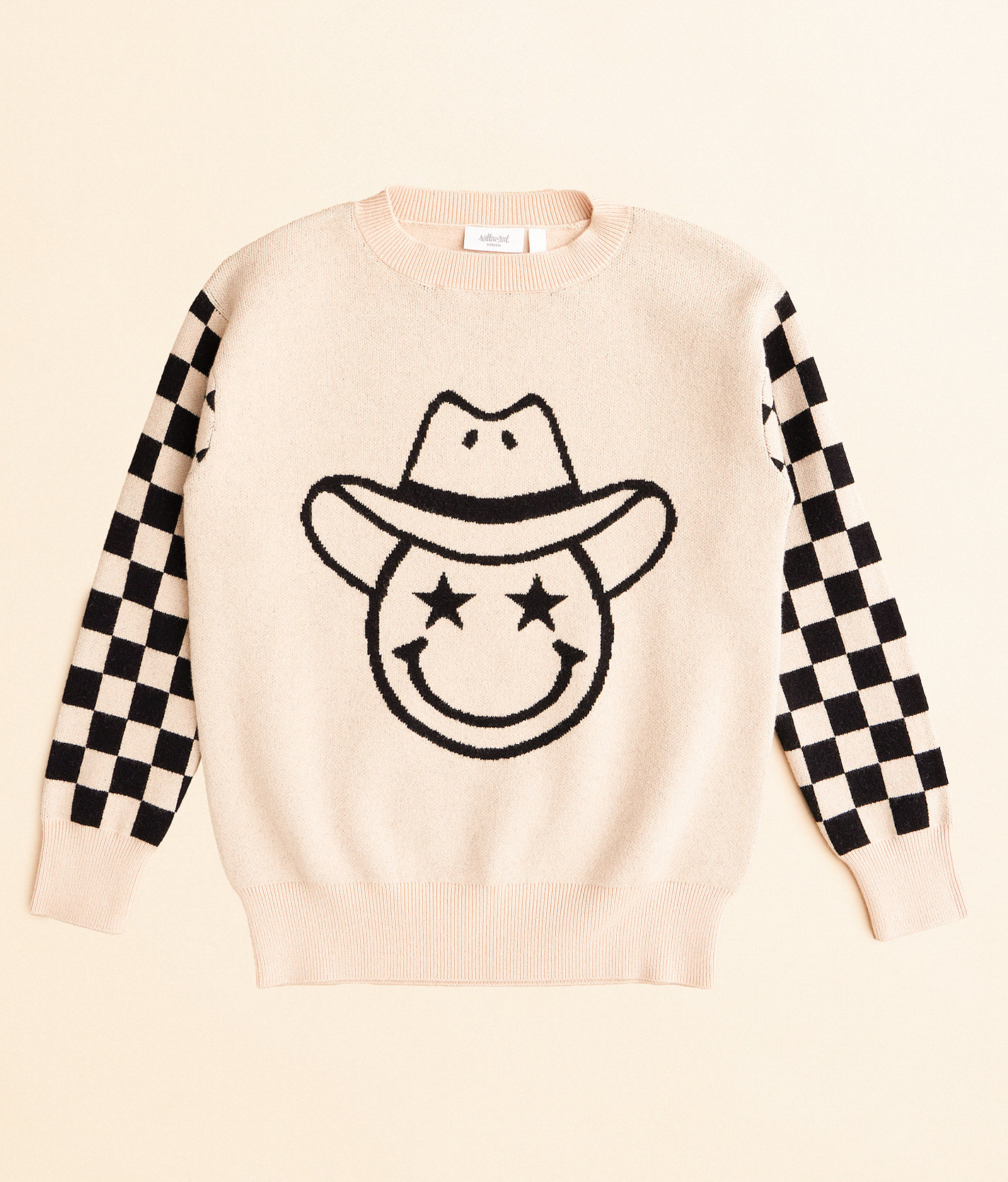 Girls - Willow & Root Checkered Smiley Sweater - Girl's Sweaters in Cream Black